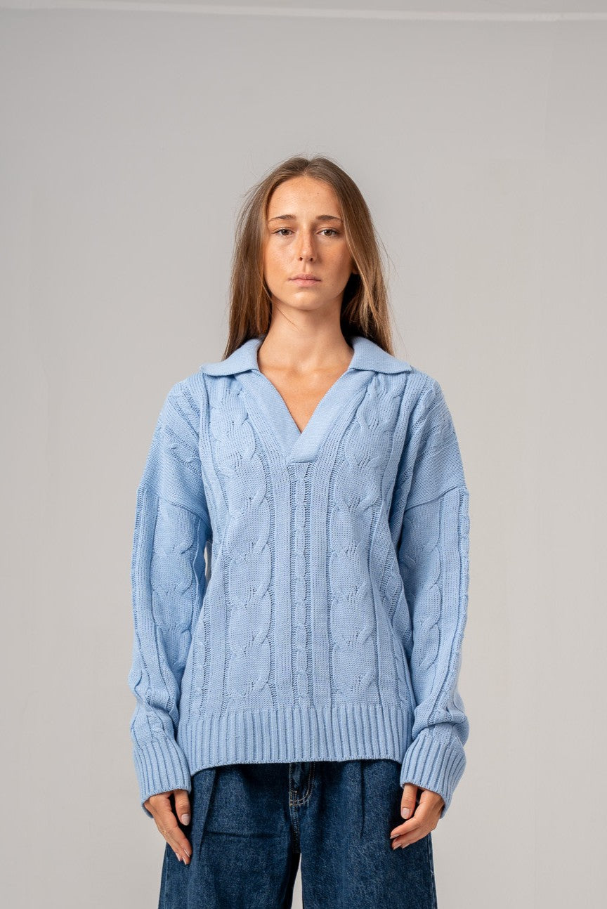 Light Blue Cable Pullover With Collar